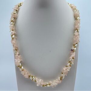 Rose Quartz Chip,Freshwater Pearl Necklace Gold Accents Soft Blush Boho Elegance